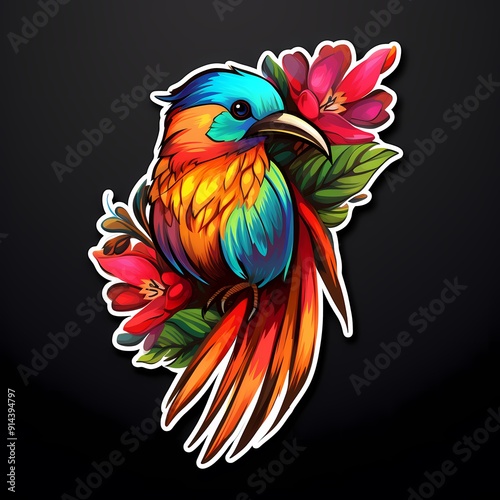 A vibrant illustration of an exotic bird surrounded by colorful flowers. photo