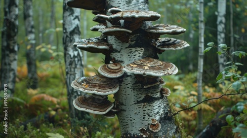 Birch Tree with Fungus in Forest photo