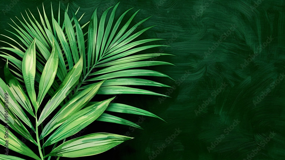 Fototapeta premium An illustration of green tropical palm leaves showcased on a richly textured dark green background, depicting lush and vibrant foliage, ideal for tropical-themed projects.