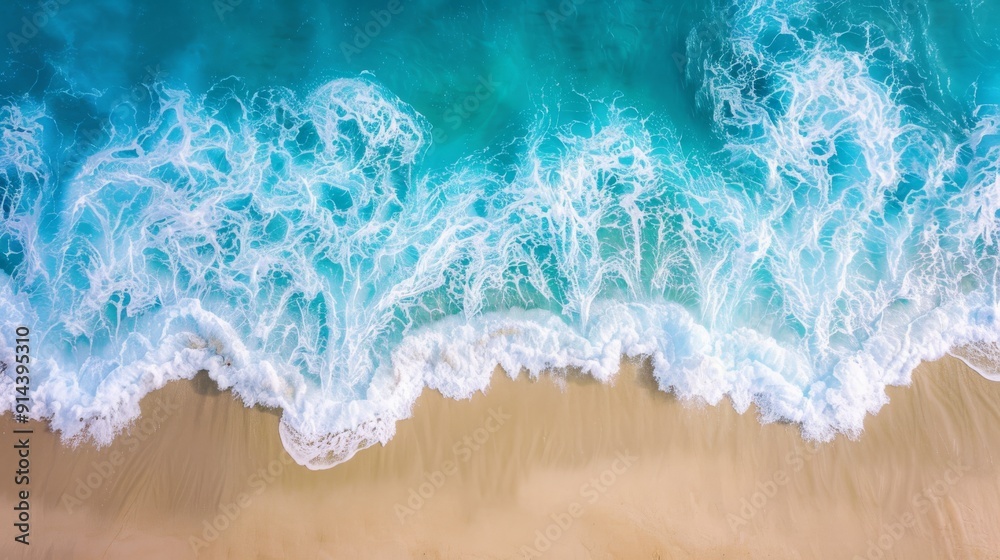 Aerial beach waves with clear blue water and sandy shore with copy space Aerial beach waves with clear blue water and sandy shore with copy space