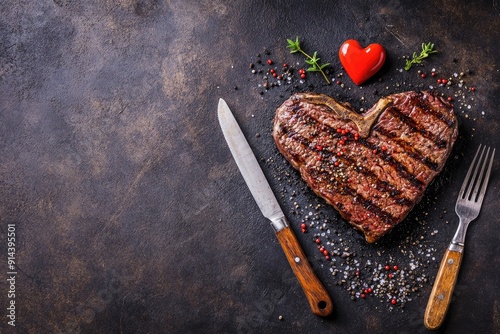 Heart-Shaped Grilled Steak with Spices and a Red Heart photo