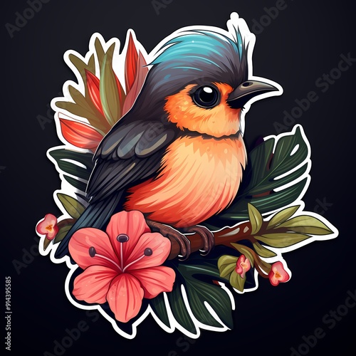 A vibrant illustration of an exotic bird surrounded by colorful flowers. photo