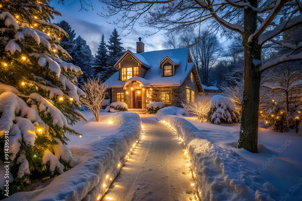 A house with a walkway leading to it is lit up with Christmas lights. The house is surrounded by trees covered in snow. The lights on the walkway create a warm and inviting atmosphere A house with a walkway leading to it is lit up with Christmas lights. The house is surrounded by trees covered in snow. The lights on the walkway create a warm and inviting atmosphere