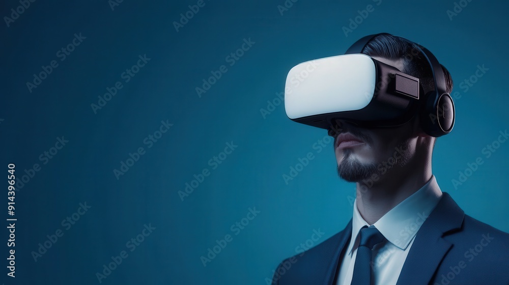 A man wearing a virtual reality headset, immersed in a digital experience, showcasing the future of technology and innovation. A man wearing a virtual reality headset, immersed in a digital experience, showcasing the future of technology and innovation.