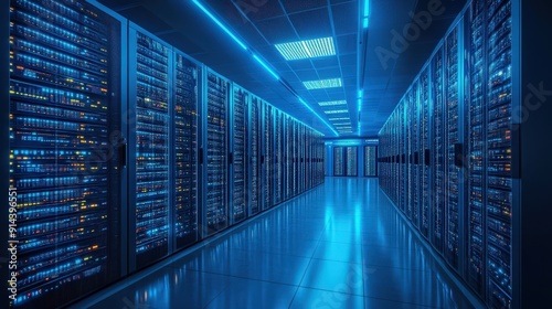 A futuristic data center with glowing blue lights illuminating rows of servers, showcasing technology and digital storage evolution.