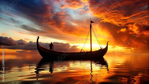 The Viking Longboat's Majesty: A Silhouetted Journey Against a Fiery Sunset  AI Generated photo