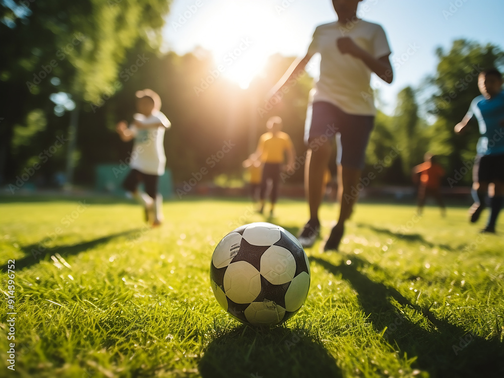 Teens playing football on vibrant green grass in summertime