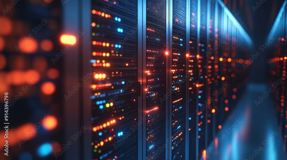 High-tech server room with glowing LED lights, showcasing a modern data center filled with network servers and data storage. High-tech server room with glowing LED lights, showcasing a modern data center filled with network servers and data storage.