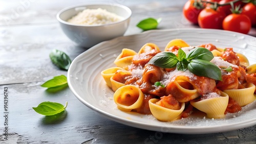 Aromatic Rondelli Pasta with Basil and Parmesan on a Rustic Plate  AI Generated photo