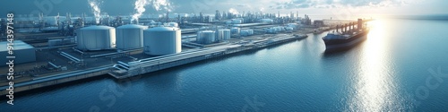 Futuristic Hydrogen-Powered Port: 4K AI-Generated Illustration of Clean Energy Revolution in Maritime Industry. Innovative Concept Featuring Massive Steel Tanks and Pipelines for Sustainable Shipping 