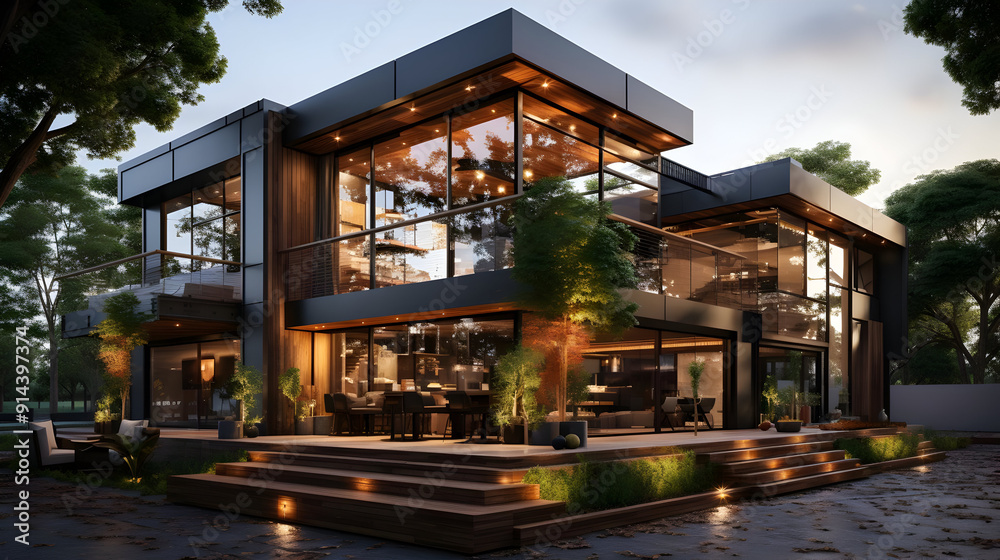 Modern home with large windows and a wooden deck. Modern home with large windows and a wooden deck.