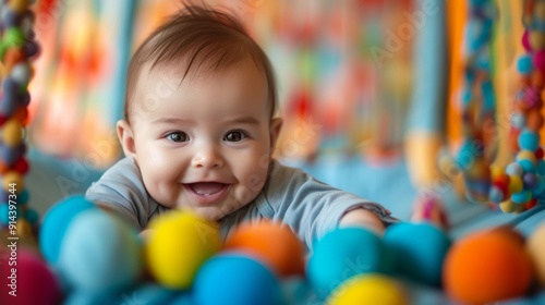 Happy baby boy playing with toys in a safe and colorful playpen