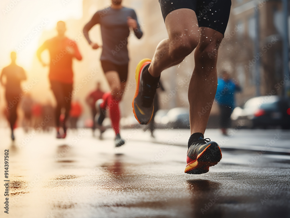 Marathon runners legs speeding on a city street