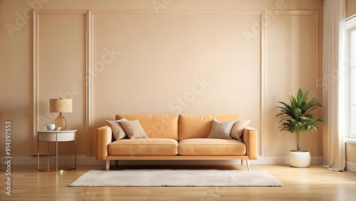 Peach Fuzz Oasis: A Minimalist Living Room Embracing the 2024 Color Trend  AI Generated