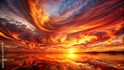 Fiery Sunset Symphony: A Dance of Crimson and Gold  Generative AI photo