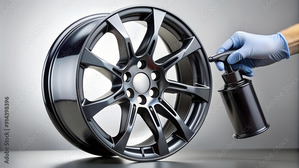 Obraz premium Glossy Black Alloy Wheel Restoration with Aerosol Can Generative AI