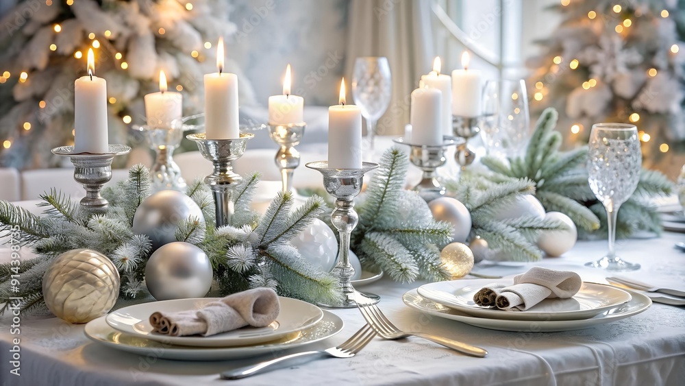 A Winter Wonderland Table Setting: Snowy White and Silver Christmas Decorations AI generated A Winter Wonderland Table Setting: Snowy White and Silver Christmas Decorations AI generated