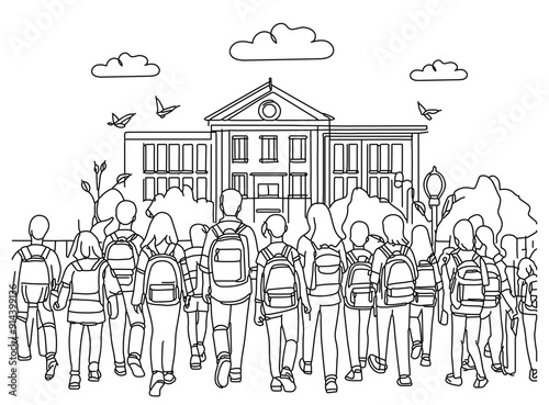 continuous one line drawing for Group of students carrying back bags and heading back to school editable stroke width school building in the background vector illustration graphic design