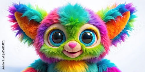 Soft toy alien creature with colorful fur, big eyes, and a friendly smile, alien, toy, soft, creature, colorful, fur, eyes, smile