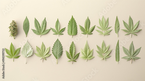 A row of marijuana leaves are shown in various stages of growth photo