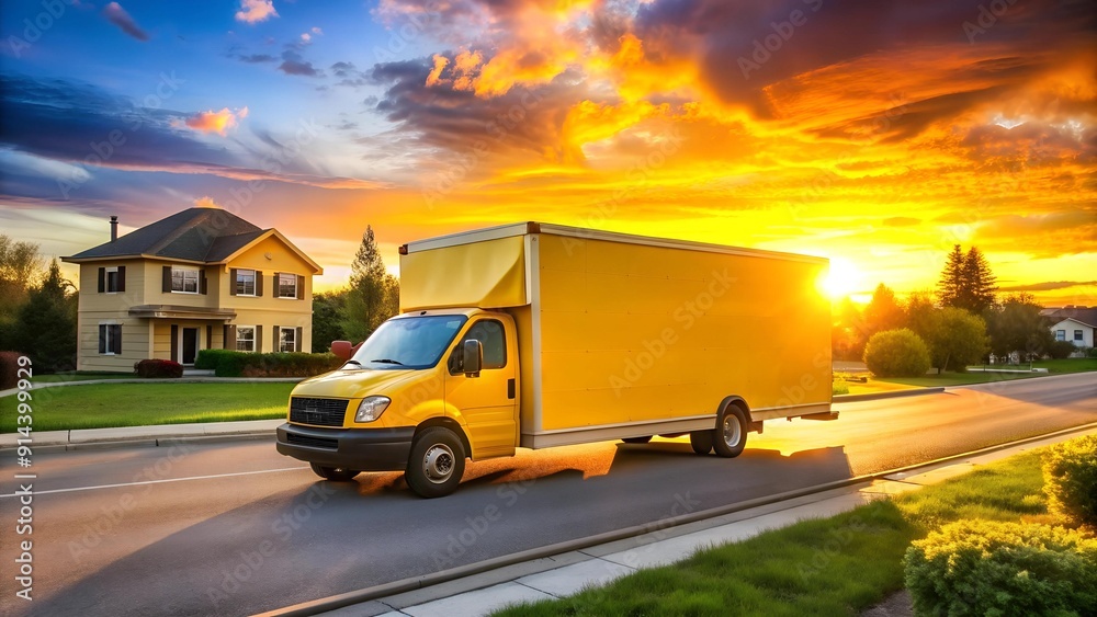 Sunset Glow: A Yellow Moving Van Basking in Golden Light  AI Generated
