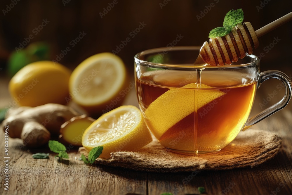 Honey Drizzled Into Tea With Lemon And Ginger