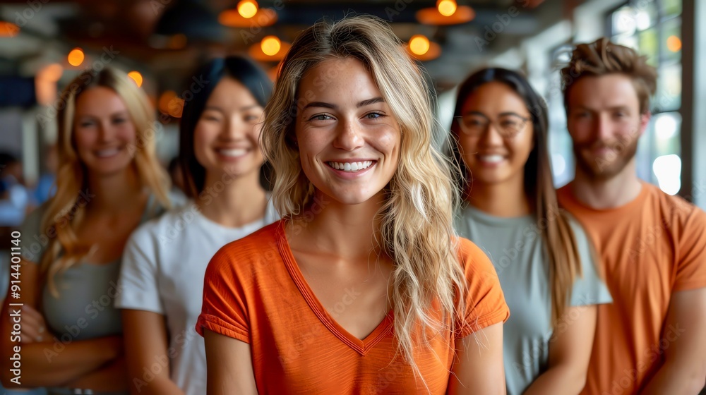 Group of diverse friends smiling and looking at camera in cafe. Group of diverse friends smiling and looking at camera in cafe.
