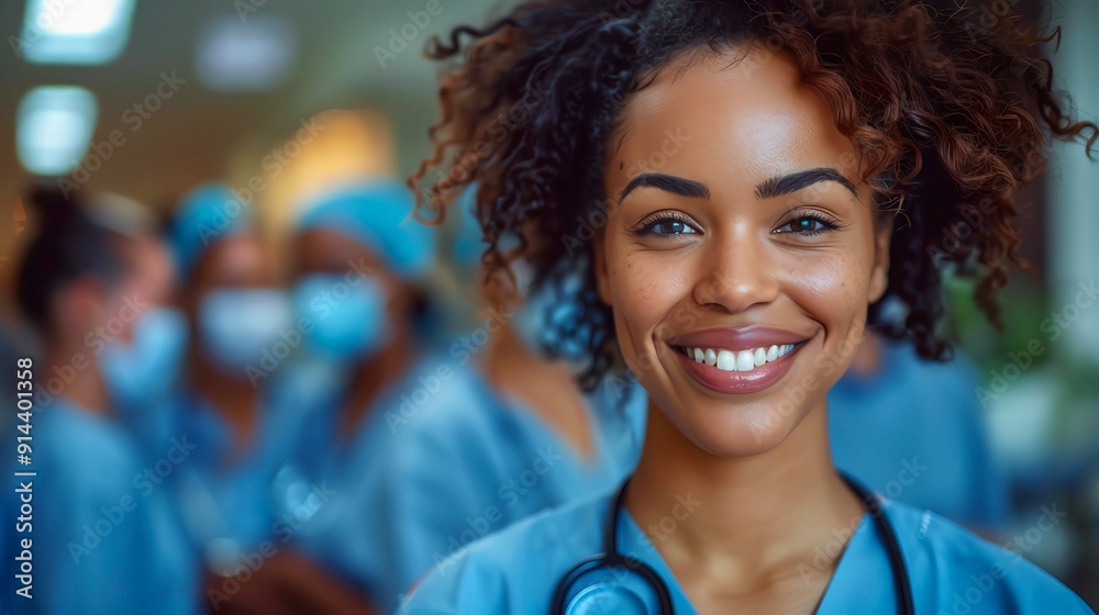 Fototapeta premium Smiling female doctor with stethoscope in hospital setting.