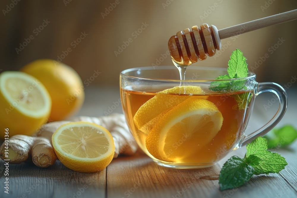 Honey Drizzled Into a Glass of Lemon and Mint Tea Honey Drizzled Into a Glass of Lemon and Mint Tea