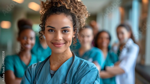 Smiling female nurse in scrubs with colleagues in background