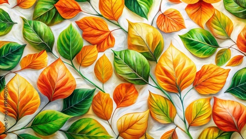 Wallpaper Mural Autumn Leaves Oil Painting - Vibrant Green and Orange Hues on Canvas, leaves, autumn, painting, art Torontodigital.ca