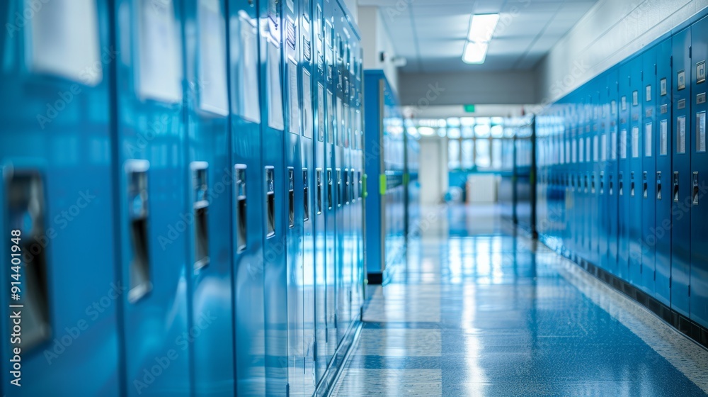 Fototapeta premium Clean school hallway with a line of blue lockers