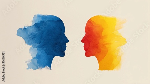 This image presents two silhouette heads facing each other, one in blue and the other in yellow, highlighting the contrast and relationship between opposing ideas or emotions in a minimalist artistic
