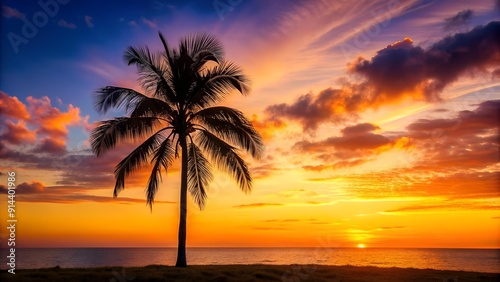 Golden Hour Embrace: A Silhouetted Palm Tree Against a Vibrant Sunset Generative AI