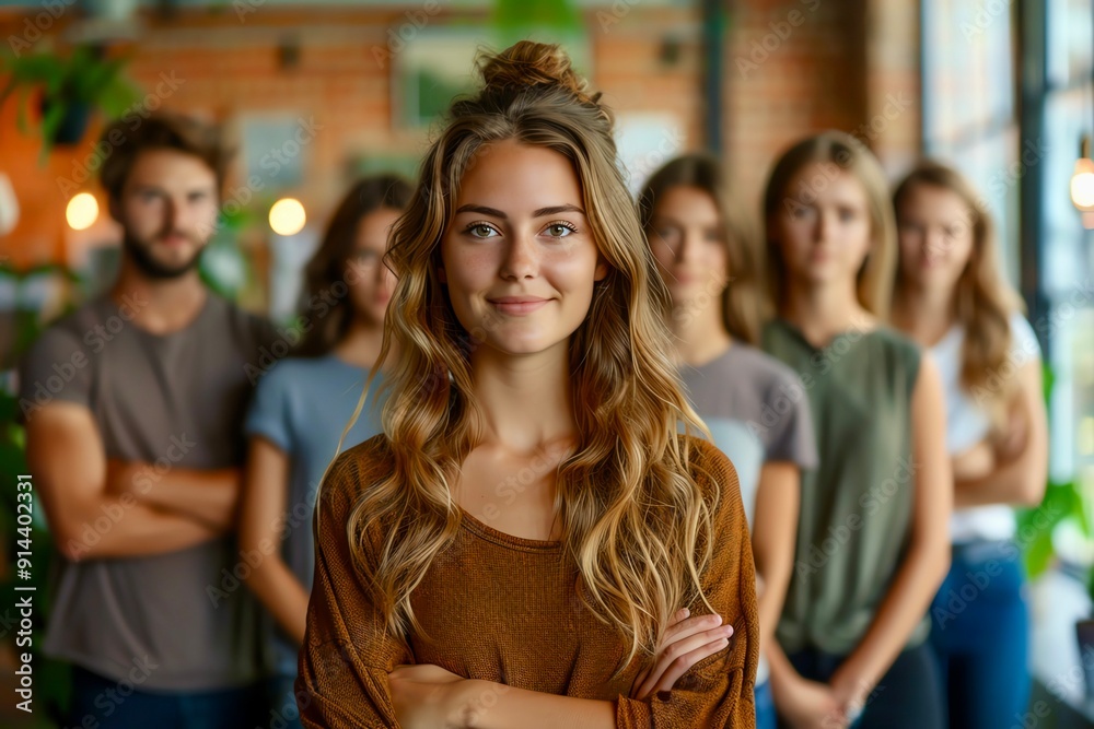 Confident woman standing with her team in a casual setting. Confident woman standing with her team in a casual setting.