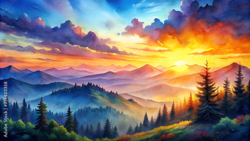 Abstract Watercolor Sunset Over Mountains AI Generated Abstract Watercolor Sunset Over Mountains AI Generated