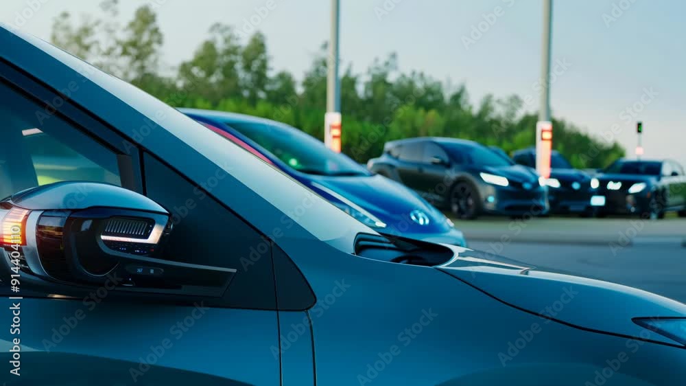 Row of Electric Vehicles Charging at Urban Station Row of Electric Vehicles Charging at Urban Station