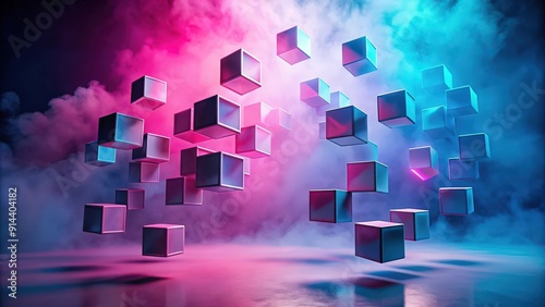 Captivating pink and blue cubes suspended in a gradient mist, surreal, magical, fantasy, floating, cubes, abstract