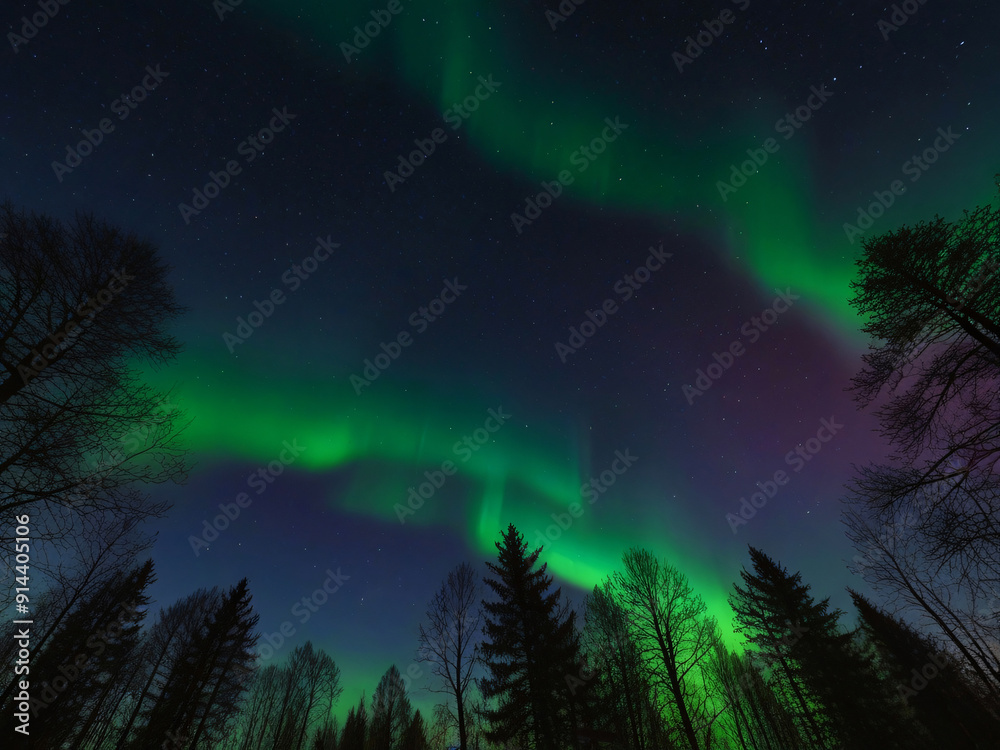 Naklejka premium Colourful Vibrant Aurora Borealis Northern Lights Dancing In The Skies Above Forest Mountains And Lake Landscape