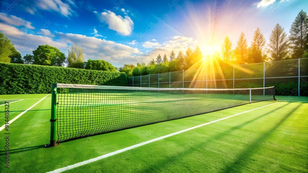 custom made wallpaper toronto digitalSun-Drenched Tennis Court with Vibrant Green Grass and a Pristine White Net AI generated