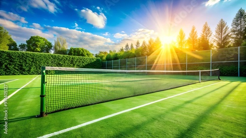 Wallpaper Mural Sun-Drenched Tennis Court with Vibrant Green Grass and a Pristine White Net  AI generated Torontodigital.ca