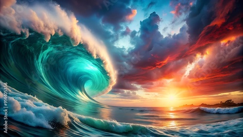 Whirlwind of Waves: A Symphony of Turquoise and Crimson  AI generated