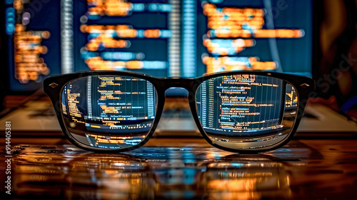 Concept image of software development: glasses reflecting computer screen with lines of programming code
