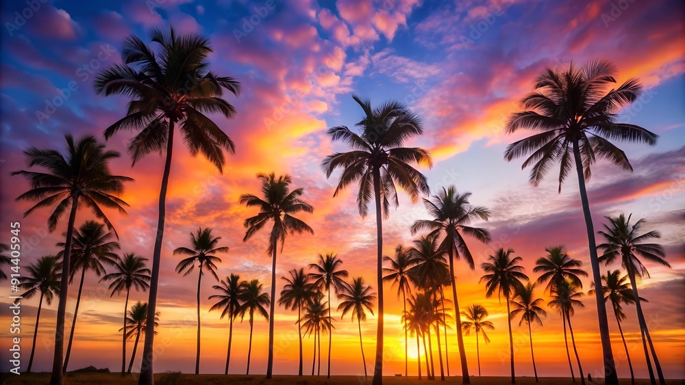 Silhouettes of Serenity: A Row of Palm Trees Against a Cotton Candy Sunset AI generated Silhouettes of Serenity: A Row of Palm Trees Against a Cotton Candy Sunset AI generated