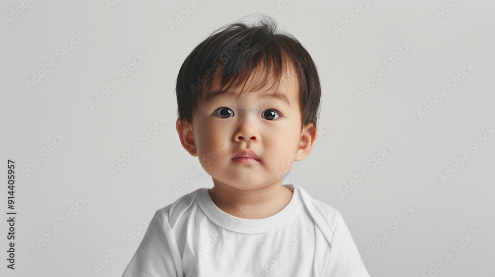 Design mockup Asian baby studio portrait in a white t-shirt on a neutral background Design mockup Asian baby studio portrait in a white t-shirt on a neutral background