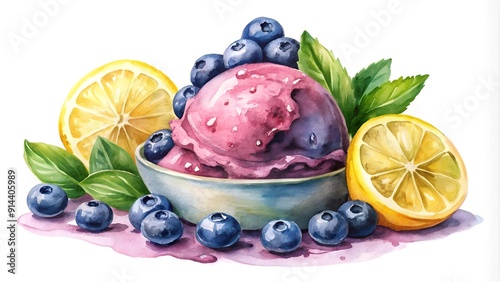 Whimsical Watercolor Blueberry Ice Cream with Lemon Slices  AI generated