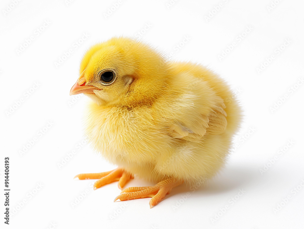 Obraz premium A small, fluffy yellow chick standing alone on a white background