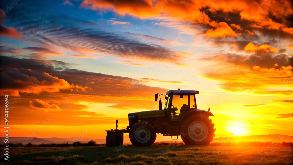 Obraz premium Vibrant Sunset Tractor Ride: A Silhouette of Joy Generative AI