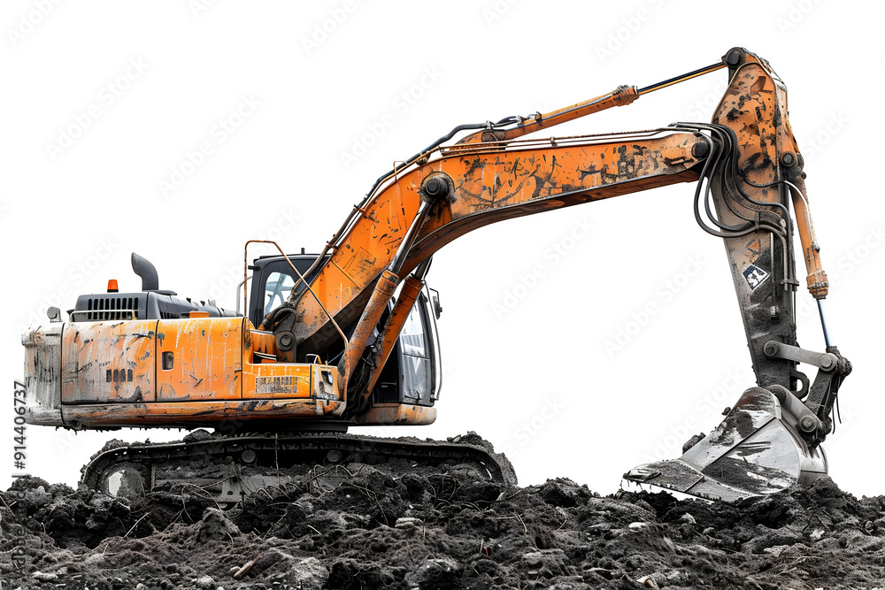 Orange excavator digging in dirt with bucket raised. Orange excavator digging in dirt with bucket raised.