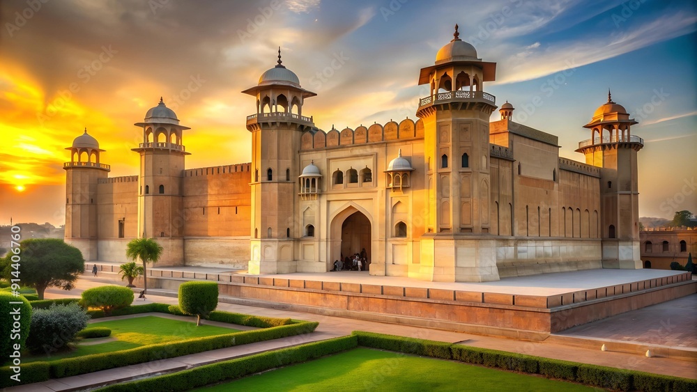 Fototapeta premium Lahore Fort in the Golden Hour: A Symphony of Light and Shadow generative AI